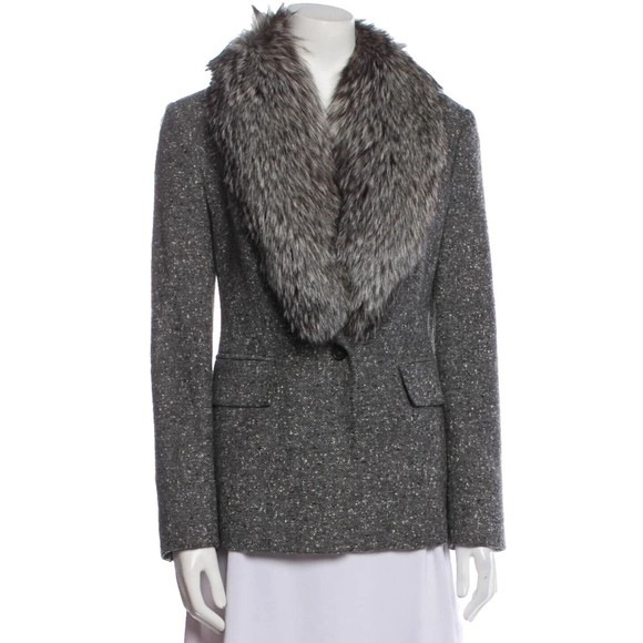 Designer Michael Kors Collection Grey Tweed Shawl Collar Fox Fur Trim Blazer Med - Picture 3 of 7